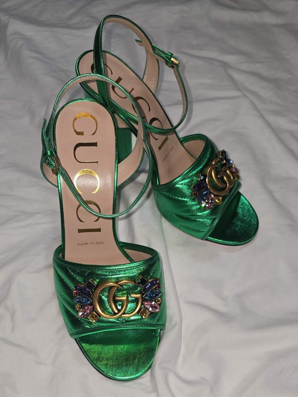 GUCCI Emerald GG Marmont Jewel-Embellished Sandals